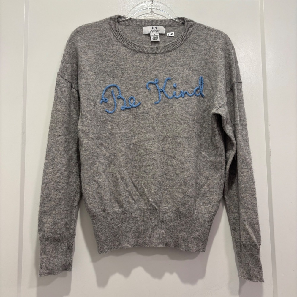 Magaschoni Cashmere Be Kind Embroidered Sweater Gray Blue 100% Cashmere Large